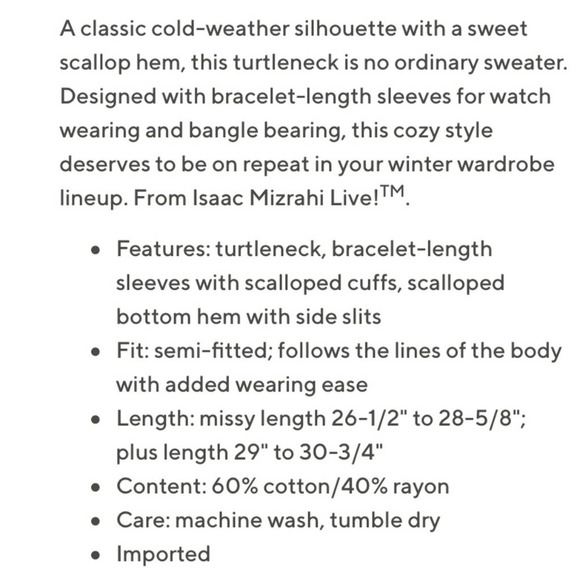 ISAAC MIZRAHI Scallop Hem Turtleneck Sweater MEDIUM - Picture 7 of 12